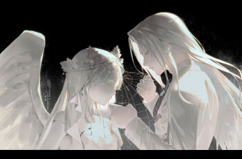 Rule 34 | 1boy, 1girl, absurdres, closed mouth, dress, expressionless, eyelashes, head wreath, highres, letterboxed, lips, long hair, long sleeves, looking at another, monochrome, original, pale skin, parted bangs, parted lips, poxiao, profile, shirt, strapless, strapless dress, tears, upper body, veil, watermark, wings, wreath, yellow eyes