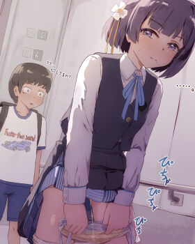 1boy 1girl black_hair black_skirt black_vest blue_ribbon blush character_request closed_mouth clothes_lift commentary_request flower gakuen_idolmaster hair_flower hair_ornament highres idolmaster indoors long_sleeves looking_at_another neck_ribbon pee peeing peeing_in_bag print_shirt purple_eyes railing ribbon school_uniform seneto shirt short_hair skirt skirt_lift sound_effects standing t-shirt translation_request vest white_flower white_shirt