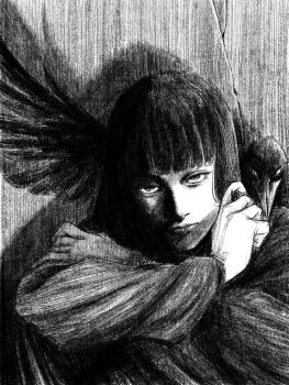 1girl against_wall animal_ears bird black_hair blunt_bangs crack cracked_wall crow greyscale highres hime_cut leaning_back long_hair looking_at_viewer monochrome original solo spread_wings tp_p_pt