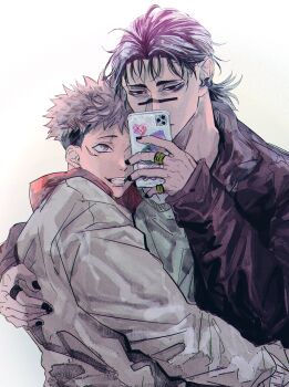 Rule 34 | 2boys, absurdres, alternate costume, black eyes, black hair, black jacket, black nails, brothers, cellphone, choso (jujutsu kaisen), closed mouth, earrings, facial mark, grey hood, grin, height difference, highres, holding, holding phone, hood, hood down, hoodie, hug from side, itadori yuuji, jacket, jewelry, jozpic, jujutsu kaisen, male focus, mirror selfie, multicolored hair, multiple boys, multiple rings, phone, pink hair, red hood, ring, scar, scar on face, selfie, short hair, siblings, smartphone, smile, two-tone hair, two-tone hoodie, undercut, upper body