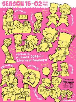 20th_century_fox aged_down baby bald balloon barney_gumble bart_simpson basketball_uniform bottomless carrying charles_montgomery_burns chawako_(spchawanmushi) child cigarette colored_skin covering_crotch covering_privates crossdressing cup disposable_cup dress eating embarrassed family food gina_vendetti glasses grin hat highres homer_simpson kiss laughing legs limited_palette lisa_simpson long_hair maggie_simpson maid marge_simpson mask movie_theater nightgown no_male_underwear pants patti_bouvier pieman pillow pink_background plate playing popcorn prison_clothes running sailor sailor_hat scared selma_bouvier shirt shoes shorts shota sitting sleeping smile socks spiked_hair sportswear sweat sweatdrop the_simpsons tomboy toy waylon_smithers wet yellow_skin zzz