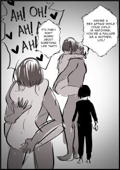 1girl 2boys absurdres artist_request bad_id bad_pixiv_id cheating_(relationship) completely_nude english_text hard-translated hetero highres monochrome mother_and_son motherly_netorare multiple_boys netorare nude original sex source_request third-party_edit translated watching