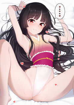 ... 1girl armpits bed black_hair blunt_bangs closed_mouth commentary_request from_above highres hime_cut houraisan_kaguya kozuka_yasushi leotard looking_at_viewer lying m_legs on_back red_eyes smile solo spread_legs touhou touhou_tag_dream wrestling_outfit