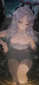 1girl absurdres ahoge bathing blue_archive blush breasts closed_mouth commentary demon_girl demon_horns forehead grey_hair hand_on_own_chest highres hina_(blue_archive) horns k.j. long_hair looking_at_viewer medium_breasts naked_towel partially_submerged purple_eyes solo towel