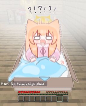 Rule 34 | !?, 1girl, absurdres, animal ears, blue archive, box, brown hair, cardboard box, cat ears, collared dress, dress, drooling, english text, explosive, game screenshot background, gameplay mechanics, heart, highres, horuhara, in box, in container, long hair, mari (blue archive), minecraft, mouth drool, open mouth, pajamas, pink dress, pink pajamas, screenshot background, solo, tnt, tnt block (minecraft), under covers, wavy mouth, wide oval eyes