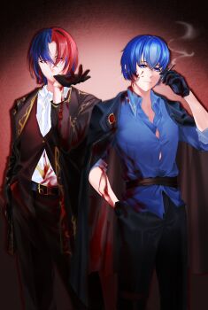 Rule 34 | 2boys, alternate costume, blue eyes, blue hair, commentary request, crossed bangs, fire emblem, fire emblem engage, hair between eyes, heterochromia, highres, male alear (fire emblem), male focus, multiple boys, nintendo, red eyes, red hair, snake staff