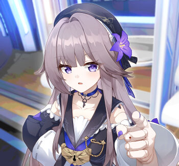 1girl absurdres black_hat collarbone commentary_request doll_joints flower grey_hair hair_intakes hat herta_(honkai:_star_rail) highres honkai:_star_rail honkai_(series) joints lock long_hair open_mouth pointing pointing_at_viewer purple_eyes purple_flower purple_nails qi_ye_zhu_sky sidelocks solo upper_body