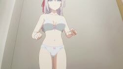 1girl ahoge alisa_mikhailovna_kujou animated anime_screenshot armpits arms_up ass blue_eyes bra breasts cleavage closed_eyes clothes_lift clothes_pull collarbone gluteal_fold green_skirt hair_ribbon highres kneepits large_breasts lifting_own_clothes long_hair navel panties pulling_own_clothes red_ribbon ribbon shirt shirt_lift sidelocks skirt skirt_pull sleeveless sleeveless_shirt solo sound stomach tagme thighs tokidoki_bosotto_roshia-go_de_dereru_tonari_no_alya-san underwear undressing video white_bra white_hair white_panties white_shirt