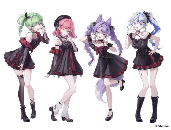 4girls ahoge ankle_strap aokumo_rin arm_strap bbony_0_0 beret black_boots black_bow black_bowtie black_choker black_dress black_hat black_nails black_ribbon black_shoes black_thighhighs black_wrist_cuffs blue_eyes blue_hair boots bow bowtie bracelet braid choker commentary_request cone_hair_bun cross double_bun dress fox_girl fox_tail frilled_dress frills full_body gradient_eyes green_eyes green_hair hair_bow hair_bun hair_ornament hair_ribbon hairclip hanako_nana hand_on_own_hip hat heart heart_tattoo heterochromia highres jewelry korean_commentary multicolored_eyes multicolored_hair multiple_girls nail_polish necklace off-shoulder_dress off_shoulder one_eye_closed open_mouth parallel_hairclips pink_hair plaid_clothes plaid_skirt pleated_skirt pom_pom_(clothes) pom_pom_hair_ornament purple_hair red_bow red_bowtie red_skirt ribbon shoes side_ponytail simple_background single_thighhigh skirt socks spaghetti_strap standing standing_on_one_leg stellive streaked_hair tail tattoo tenko_shibuki thighhighs twin_braids twintails virtual_youtuber white_background white_hair white_socks wrist_cuffs x_hair_ornament yellow_eyes yuzuha_riko