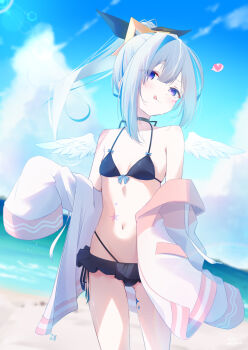 1girl :p alternate_costume amane_kanata angel angel_wings beach bikini black_bikini black_bow black_choker black_panties blue_hair blue_sky blush bow capuchi_(111cappuccino) choker cloud cloudy_sky colored_inner_hair facial_mark facial_tattoo feathered_wings grey_hair greyscale hair_bow hair_ornament halo halterneck heart highres hololive jacket leg_tattoo light_rays long_hair looking_at_viewer mini_wings monochrome multicolored_hair navel ocean open_clothes open_jacket panties petite pink_hair pink_jacket pink_streaks ponytail purple_eyes single_hair_intake sky smile solo spoken_heart star_(symbol) star_facial_mark star_halo star_tattoo stomach_tattoo streaked_hair striped_clothes striped_jacket sunbeam sunlight swimsuit tattoo tongue tongue_out underwear virtual_youtuber white_jacket white_wings wings