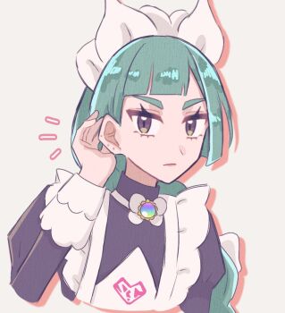 1girl black_dress closed_mouth commentary_request cropped_torso dress ear_piercing eyelashes green_hair lebanne_(pokemon) long_hair long_sleeves looking_at_viewer maid maid_headdress nintendo piercing pokemon pokemon_legends:_z-a solo upper_body uvwo4 white_background