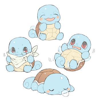 animal_focus blush_stickers closed_eyes full_body gen_1_pokemon highres looking_at_viewer multiple_views newo_(shinra-p) nintendo no_humans nose_bubble open_mouth pokemon pokemon_(creature) pokemon_focus red_eyes scarf simple_background sitting smile solo squirtle tearing_up turtle white_background white_scarf