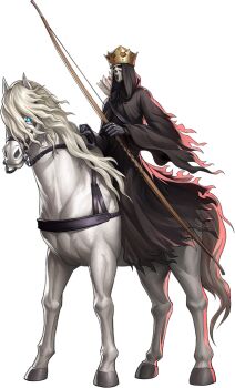 1boy arrow_(projectile) artist_request black_robe blue_eyes bow_(weapon) crown demon_(megami_tensei) gauntlets highres holding holding_bow_(weapon) holding_weapon hooded_robe horse horseback_riding official_art persona persona_5 persona_5:_the_phantom_x riding robe shin_megami_tensei third-party_source transparent_background weapon white_horse white_rider_(megami_tensei)