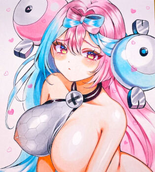 breasts iono_(pokemon) large_breasts marker_(medium) multicolored_hair nintendo pokemon pokemon_sv see-through_clothes traditional_media two-tone_hair yayomaro