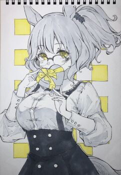 1girl animal_ears aston_machan_(casual)_(umamusume) aston_machan_(umamusume) bespectacled black_scrunchie box buttoned_cuffs buttons covering_own_mouth double-breasted dress ear_ornament gift glasses heart-shaped_box high_ponytail highres holding holding_gift horse_ears horse_girl horse_tail limited_palette long_sleeves looking_at_viewer looking_over_eyewear mizuiro_neko neck_ribbon ponytail puffy_sleeves ribbon scrunchie semi-rimless_eyewear short_hair skirt sleeve_cuffs solo square suspender_skirt suspenders tail traditional_media umamusume valentine virgin_killer_outfit yellow_eyes