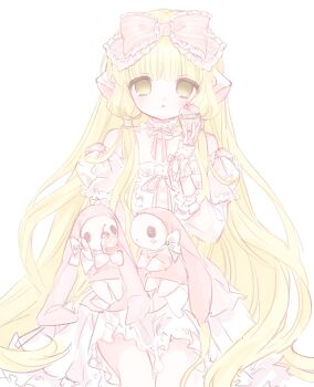 1girl atashi_(chobits) blonde_hair bow chii chobits choker cupcake dress expressionless food frilled_choker frilled_dress frills hair_bow highres holding holding_food long_hair looking_at_viewer low_twintails mipi_(u3u_00) off-shoulder_dress off_shoulder parted_lips pink_bow pink_dress puffy_short_sleeves puffy_sleeves robot_ears robot_girl short_sleeves simple_background sitting sketch solo straight_hair twintails very_long_hair white_background