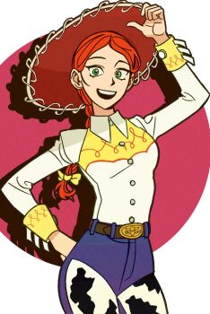 1girl animal_print arm_up baoul101552 belt belt_buckle bow braid brown_belt buckle chaps collared_shirt commentary cow_print cowboy_hat cowboy_western cowgirl_(western) green_eyes hair_bow hand_on_own_hip hat highres jessie_the_yodeling_cowgirl long_hair long_sleeves looking_at_viewer open_mouth print_chaps red_hair red_hat shirt single_braid smile solo symbol-only_commentary teeth toy_story upper_teeth_only wrist_cuffs yellow_bow yellow_wrist_cuffs yoke_(clothing)