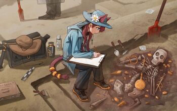 1girl absurdres alternate_costume animal_ears archeology arknights baf blue_eyes bottle brown_hair cat_ears cat_tail clipboard commentary_request desert flower hat hat_flower highres holding holding_pencil long_hair pants pencil pepe_(arknights) shovel skeleton tail tail_ornament tail_ring taoxisama water_bottle writing