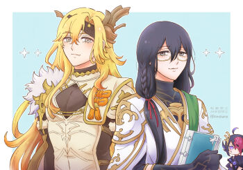 1other 2boys ahoge androgynous black_gloves black_hair black_headband black_shirt blonde_hair blue_background book border braid chibi chinese_clothes cleavage_cutout closed_mouth clothing_cutout compression_shirt curtained_hair elbow_gloves flipped_hair fur_trim glasses gloves granblue_fantasy green_sash grey_eyes hair_between_eyes hair_over_shoulder hair_ribbon hanfu headband holding holding_book honewo horns koku_(granblue_fantasy) light_blush long_hair long_sleeves looking_at_viewer low_side_ponytail male_focus mask mask_on_head multiple_boys one_eye_covered outside_border pectoral_cleavage pectorals pijiu_(granblue_fantasy) purple_eyes red_mask red_ribbon ribbon robe sash semi-rimless_eyewear shirt short_hair side_braid sideways_glance simple_background siwen_(granblue_fantasy) smile sparkle sweatdrop tabard turtleneck turtleneck_shirt upper_body very_long_hair white_border white_hanfu white_robe yellow_tabard