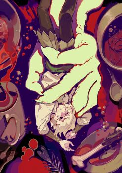 1boy 2024 artist_name bone closed_mouth cup dungeon_meshi fish_skeleton from_behind grey_hair highres in_palm kohiu long_sleeves male_focus mithrun one_eye_closed pants shirt short_hair solo spoon upside-down utensil white_shirt