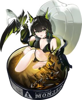 Rule 34 | 1girl, :d, animal ears, arknights, bare shoulders, barefoot, bikini, black bikini, black choker, black hair, black hands, black jacket, breasts, can, character name, choker, colored extremities, green eyes, green hair, green jacket, hair between eyes, hashtag-only commentary, highres, in water, jacket, jambaeng, light blush, long sleeves, looking at viewer, mon3tr (arknights), multicolored hair, navel, no pants, no shoes, open mouth, originium (arknights), revision, rhodes island logo (arknights), simple background, sitting, smile, solo, string bikini, swimsuit, two-tone hair, unworn jacket, water