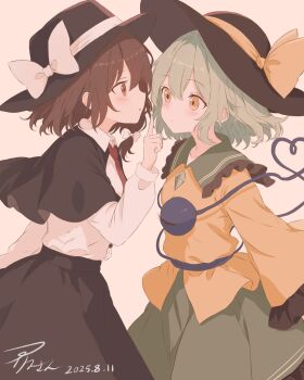 2girls black_capelet black_hat black_skirt bow brown_eyes brown_hair buttons capelet collar collared_shirt commentary_request cowboy_shot dated diamond_button dress_shirt frilled_collar frilled_skirt frilled_sleeves frills from_side green_hair green_skirt hair_bow hat hat_bow heart heart_of_string highres index_finger_raised iris-san komeiji_koishi light_blush looking_at_another medium_hair multiple_girls necktie red_necktie shirt shirt_tucked_in signature simple_background skirt third_eye touhou usami_renko white_background white_bow white_shirt yellow_bow yellow_eyes yellow_shirt