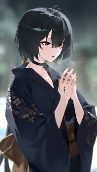 1girl absurdres black_choker black_hair black_kimono blurry blurry_background breath choker commentary english_commentary female_rover_(wuthering_waves) hair_ornament hair_ribbon hairclip highres japanese_clothes kimono leppib open_mouth outdoors own_hands_together parallel_hairclips ribbon rover_(wuthering_waves) solo tacet_mark_(wuthering_waves) wuthering_waves yellow_eyes yellow_ribbon