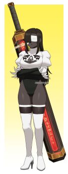 1girl 2b_(nier:automata) 2b_(nier:automata)_(cosplay) absurdres artist_name black_hair black_leotard black_skin blindfold boots breasts cleavage_cutout clothing_cutout colored_skin commentary cosplay crossed_arms crossover dark-skinned_female dark_skin english_commentary gradient_background greatsword high_heel_boots high_heels highres holding huge_weapon k3nnyn3v leotard limbus_company nier:automata nier_(series) project_moon puffy_sleeves solo standing sword thigh_boots two-handed two-handed_sword weapon white_boots yellow_background zilu_(project_moon)