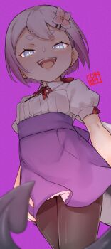 1girl black_pantyhose breasts flower gradient_hair hair_flower hair_ornament hair_ribbon hairclip head_tilt high-waist_skirt highres jingai_modoki long_hair multicolored_hair neck_ribbon official_artist_extra pantyhose pink_hair ponytail puffy_short_sleeves puffy_sleeves purple_background purple_skirt ribbon seal_impression short_eyebrows short_sleeves simple_background skirt small_breasts smile solo succubus_prison tail thick_eyebrows very_long_hair vinum_(succubus_prison)