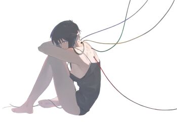 1girl aizheajsee barefoot black_hair bottomless breasts cable camisole cyborg from_side ghost_in_the_shell hashtag-only_commentary highres kusanagi_motoko looking_at_viewer panties short_hair sideboob sitting solo underwear