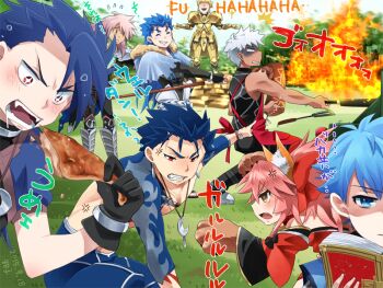 10s 1girl 6+boys animal_ears apron archer_(fate) armor astolfo_(fate) bad_id bad_pixiv_id barbecue_party bare_shoulders bell blonde_hair blue_hair collar cooking cu_chulainn_(caster)_(fate) cu_chulainn_(fate) cu_chulainn_(fate/prototype) cu_chulainn_(lancer)_(fate) cu_chulainn_(second_ascension)_(fate) detached_sleeves eating fate/apocrypha fate/extra fate/extra_ccc fate/grand_order fate/prototype fate/stay_night fate_(series) fighting fire gilgamesh_(fate) grilling hair_ribbon hans_christian_andersen_(fate) japanese_clothes jewelry laughing_man_(gits) long_hair multiple_boys open_mouth party pink_hair ponytail red_eyes ribbon siegfried_(fate) tamamo_cat_(fate) tamamo_cat_(first_ascension)_(fate) tamamo_no_mae_(fate) tenko_ex translation_request yellow_eyes