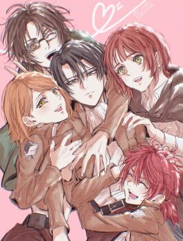 1boy 4girls artist_name auburn_hair belt black_hair blush brown_eyes brown_hair brown_jacket capelet closed_eyes green_capelet grey_eyes hange_zoe harem highres hug isabel_magnolia jacket levi_(shingeki_no_kyojin) multiple_girls nifa_(shingeki_no_kyojin) one_eye_closed open_clothes paradis_military_uniform petra_ral pimp pink_background red_hair s_ikzo shingeki_no_kyojin short_hair simple_background smile v wink