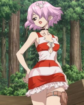 1girl absurdres anime_screenshot boots breasts choker cleavage dr._stone dress eyelashes forest full_body hair_ornament hair_over_one_eye highres luna_wright medium_breasts nature open_mouth pink_hair red_dress red_eyes red_lips short_hair sleeveless sleeveless_dress star_(symbol) star_hair_ornament striped_clothes striped_dress thigh_boots two-tone_dress white_dress wide_hips