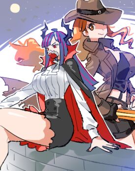 2girls alternate_costume back-to-back belt black_cape black_gloves black_skirt blue_hair breasts brown_hat brown_jacket cape clima-tact commentary cowboy_hat crop_top crossed_legs demon_horns feet_out_of_frame fingerless_gloves from_side full_moon gloves halloween halloween_costume hat holding holding_staff horns jacket large_breasts long_hair lowres mask moon mouth_mask multiple_girls nami_(one_piece) one_piece orange_hair raine_(acke2445) shirt skirt staff symbol-only_commentary thighs ulti_(one_piece) vampire_costume wavy_hair white_shirt