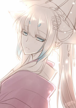 Rule 34 | 1girl, animal ears, blue eyes, ears down, female focus, flower, fox ears, from side, hair flower, hair ornament, japanese clothes, kimono, konshin, long hair, looking at viewer, oil-paper umbrella, orie mishiro, original, parted lips, ponytail, short eyebrows, smile, solo, umbrella, white background