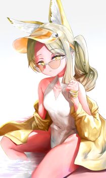 1girl absurdres animal_ear_fluff animal_ears blonde_hair blue_archive breasts closed_mouth collarbone covered_navel fox_ears fox_girl highres holding holding_own_hair jacket looking_at_viewer mimai official_alternate_costume official_alternate_hairstyle one-piece_swimsuit seia_(blue_archive) seia_(swimsuit)_(blue_archive) sitting small_breasts solo sunglasses swimsuit visor_cap white_one-piece_swimsuit yellow_eyes yellow_jacket