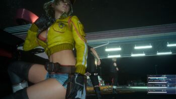 10s 1girl 3d belt bikini black_gloves blonde_hair blue_shorts breasts cidney_aurum cleavage denim denim_shorts final_fantasy final_fantasy_xv gloves highres jacket large_breasts midriff short_shorts shorts squatting swimsuit unzipped yellow_jacket zipper