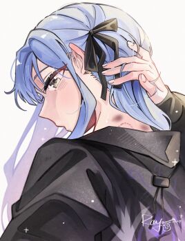 Rule 34 | 1girl, bang dream!, bang dream! it's mygo!!!!!, bite mark, bite mark on neck, black ribbon, black shirt, blue hair, blush, chinese commentary, commentary request, hair ribbon, hickey, highres, implied yuri, long hair, nape, ribbon, shirt, sidelocks, solo, togawa sakiko, upper body, yellow eyes, yoyoray20001996