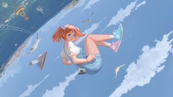 Rule 34 | 1girl, asymmetrical footwear, asymmetrical legwear, bare legs, belt, bird, blouse, blue eyes, blue sky, bow, buoy, camera, cloud, commentary, da (datako), english commentary, falling, female focus, frilled sleeves, frills, hair bow, highres, jewelry, looking at viewer, mismatched footwear, necklace, ocean, open mouth, orange hair, original, overall shorts, overalls, polka dot, polka dot bow, puffy short sleeves, puffy sleeves, railroad tracks, seagull, shirt, shoes, short hair, short sleeves, short twintails, sky, smile, sneakers, socks, solo, suspenders, twintails, uneven footwear, uneven legwear, upside-down, watch, white socks