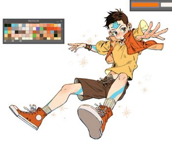 1boy aang alternate_costume arrow_(symbol) arrow_tattoo avatar:_the_last_airbender avatar_legends brown_eyes brown_hair brown_shorts color_guide forehead_tattoo gymnopedies2 head_tattoo male_focus orange_shoes orange_vest shirt shoes short_hair shorts sparkle tattoo vest white_background wristband yellow_shirt