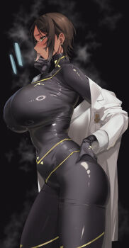 1girl absurdres black_bodysuit blush bodysuit breasts brown_eyes brown_hair coat commentary_request dark-skinned_female dark_skin earrings from_side highres jewelry korean_commentary large_breasts limbus_company off_shoulder outis_(project_moon) p_corp_uniform project_moon rhlatm short_hair solo steam sweat turtleneck turtleneck_bodysuit white_coat