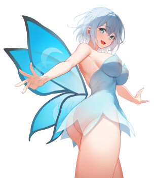 1girl :d absurdres aqua_eyes arched_back ass bang_dream! bare_arms bare_shoulders blue_dress blue_wings breasts commentary commission covered_erect_nipples cowboy_shot crossed_bangs detached_wings dopamine70 dress fairy_wings from_below from_side grey_hair hair_between_eyes hands_up highres kurata_mashiro large_breasts looking_at_viewer looking_down looking_to_the_side nipples open_mouth outstretched_arms paid_reward_available see-through_clothes see-through_dress short_dress short_hair simple_background smile solo standing strapless strapless_dress teeth upper_teeth_only white_background wings
