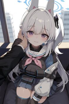 1girl absurdres animal_ears blue_archive blue_halo caressing_cheek commentary gloves guided_hand_on_cheek halo hand_on_another's_cheek hand_on_another's_face highres long_hair miyako_(blue_archive) neckerchief pink_neckerchief pov pov_hands purple_eyes school_uniform tactical_school_uniform tateishi_kureha white_hair