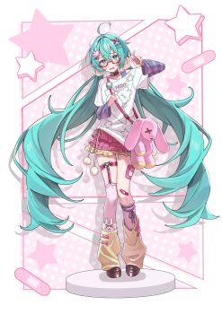 1girl absurdres ahoge alternate_costume aqua_eyes aqua_hair asymmetrical_legwear bandaid bandaid_on_leg belt_collar blue_shirt blush brown_shoes collar collarbone commentary_request drop_shadow frilled_skirt frilled_socks frills full_body grey_shirt hair_ornament hairclip hand_up hatsune_miku highres holding_strap kametaro_uu layered_shirt leg_warmers legwear_garter long_hair looking_at_viewer open_mouth pink_skirt pink_socks pink_thighhighs print_shirt rabbit_hair_ornament shirt shoes single_thighhigh skirt socks solo standing star_(symbol) striped_sleeves stuffed_animal stuffed_rabbit stuffed_toy thigh_strap thighhighs twintails v very_long_hair vocaloid white_background white_shirt x_hair_ornament yellow_leg_warmers yellow_skirt