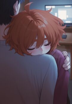 1boy 1girl =_= absurdres ahoge ai-assisted arm_hug aroused black_leggings blush bob_cut carpet child closed_mouth crossed_bangs cuddling dress eyebrows_hidden_by_hair father_and_daughter feet_out_of_frame female_focus freckles green_eyes hair_between_eyes highres hina_kurosawa hug indoors leggings living_room loli long_sleeves messy_hair orange_hair original oversized_clothes paid_reward_available perspective petite plate portrait pov self-upload short_hair sitting sitting_on_lap sitting_on_person sleeping sweater sweater_dress table television thick_eyebrows thighhighs thighs turtleneck turtleneck_sweater unconscious wooden_floor