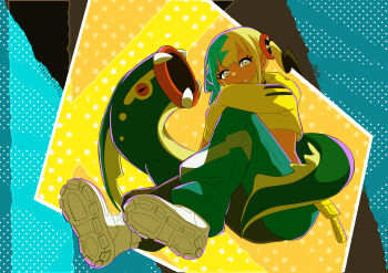 1girl canari_(pokemon) commentary_request eelektross eyelashes from_below gen_5_pokemon green_pants grey_eyes highres hood hood_down hooded_jacket jacket long_sleeves mask mask_pull mikanlkk mouth_mask multicolored_hair nintendo pants parted_lips pokemon pokemon_(creature) pokemon_legends:_z-a shoes twintails white_shoes yellow_jacket