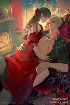 1boy 1girl abs absurdres aegyo_sal alternate_costume asukaashuka bare_shoulders black_shirt blush bottle brown_hair chain chain_necklace closed_mouth collared_shirt condom condom_wrapper cup dress drinking_glass earrings faceless faceless_female flower hair_ornament hairclip highres jewelry large_pectorals lips long_hair looking_at_another love_and_deepspace muscular muscular_male necklace nipples open_clothes open_dress open_shirt parted_bangs pectorals protagonist_(love_and_deepspace) puffy_sleeves red_dress red_eyes red_flower red_nails shirt short_hair sitting sitting_on_person sleeves_rolled_up sylus_(love_and_deepspace) veins veiny_arms white_hair wine_bottle wine_glass