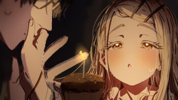 1boy 1girl black_hair blowing candle candlelight colored_eyelashes commentary_request covering_another's_mouth earrings food gakuen_idolmaster glasses grey_hair hair_ornament hairclip hand_over_another's_mouth hand_up idolmaster jewelry kasasagi_(futagodori888) long_hair looking_at_object muffin open_mouth orange_eyes parallel_hairclips portrait producer_(idolmaster) shinosawa_hiro short_hair stud_earrings sweatdrop