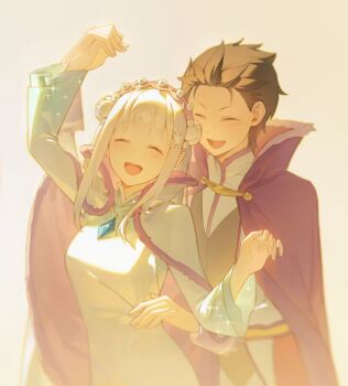 1boy 1girl :d black_hair blunt_bangs blush cape closed_eyes dancing dress emilia_(re:zero) escapebackthere flower fur_trim gem hair_bun hair_flower hair_ornament hand_on_another&#039;s_hip hand_on_another&#039;s_waist hands_up happy hetero highres holding_hands implied_hetero jewelry knight light_blush long_hair natsuki_subaru open_mouth pointy_ears purple_cape re:zero_kara_hajimeru_isekai_seikatsu shirt short_hair smile teeth turtleneck turtleneck_shirt upper_teeth_only white_dress white_flower white_hair x_hair_ornament
