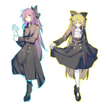 16personalities 2girls adjusting_clothes adjusting_gloves alternate_costume ascot black_boots black_dress black_ribbon black_shoes blue_outline boots chinese_commentary commentary_request dress glasses gloves green_eyes green_hair hair_ribbon highres leg_up logician_(16personalities) long_hair mediator_(16personalities) mouyimouyi multiple_girls outline pantyhose purple_eyes purple_hair ribbon shoes sparkle_hair_ornament standing white_ascot white_background white_gloves white_pantyhose yellow_outline